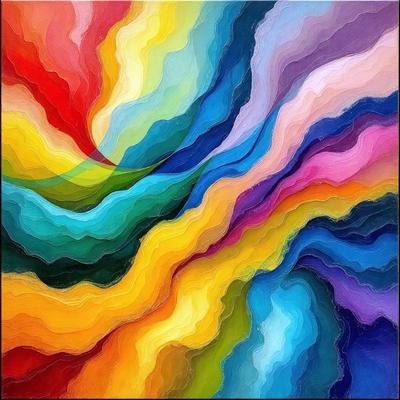 The primary subject of the image is a colorful, abstract painting featuring a mix of red, blue, yellow, and green colors. The painting is displayed on a wall, creating a vibrant and lively atmosphere. The visual style of the painting is a combination of digital art and illustration, showcasing a unique and creative interpretation of the colors and patterns. The overall mood of the painting is energetic and uplifting, with the bold colors and intricate patterns capturing the viewer's attention.